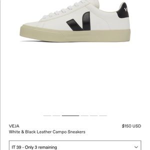 VEJA White & Black Leather Campo Sneakers Size 39, Size 8